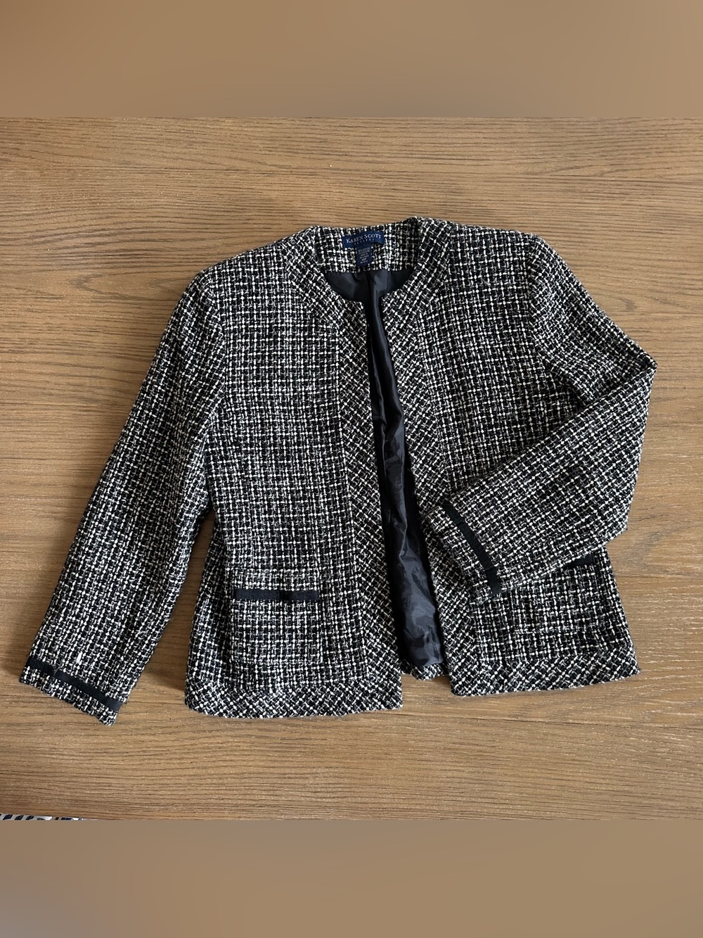 Karen Scott Petites Tweed Jacket 10P Black White Open Front Blazer Career